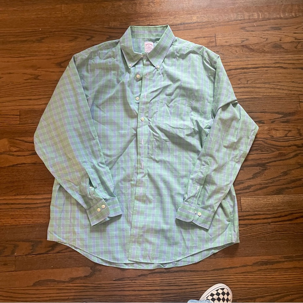 Brooks Brothers Shirt Mens XL Green Plaid Oxford OCBD Button Down Non Iron